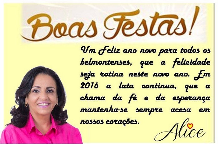 Prefeita Alice Britto divulga mensagem de Ano Novo nas redes sociais.