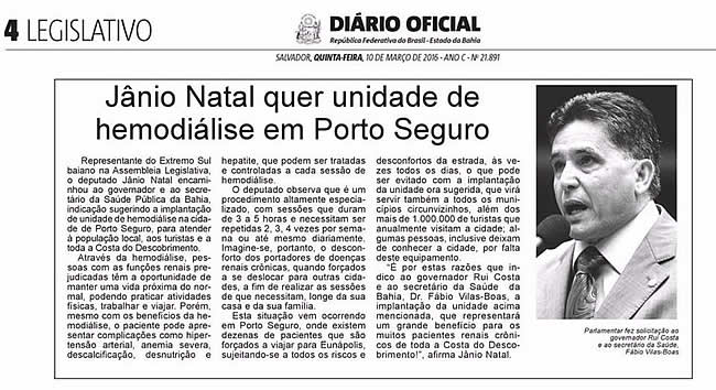 JÂNIO NATAL QUER UNIDADE DE HEMODIÁLISE EM PORTO SEGURO.