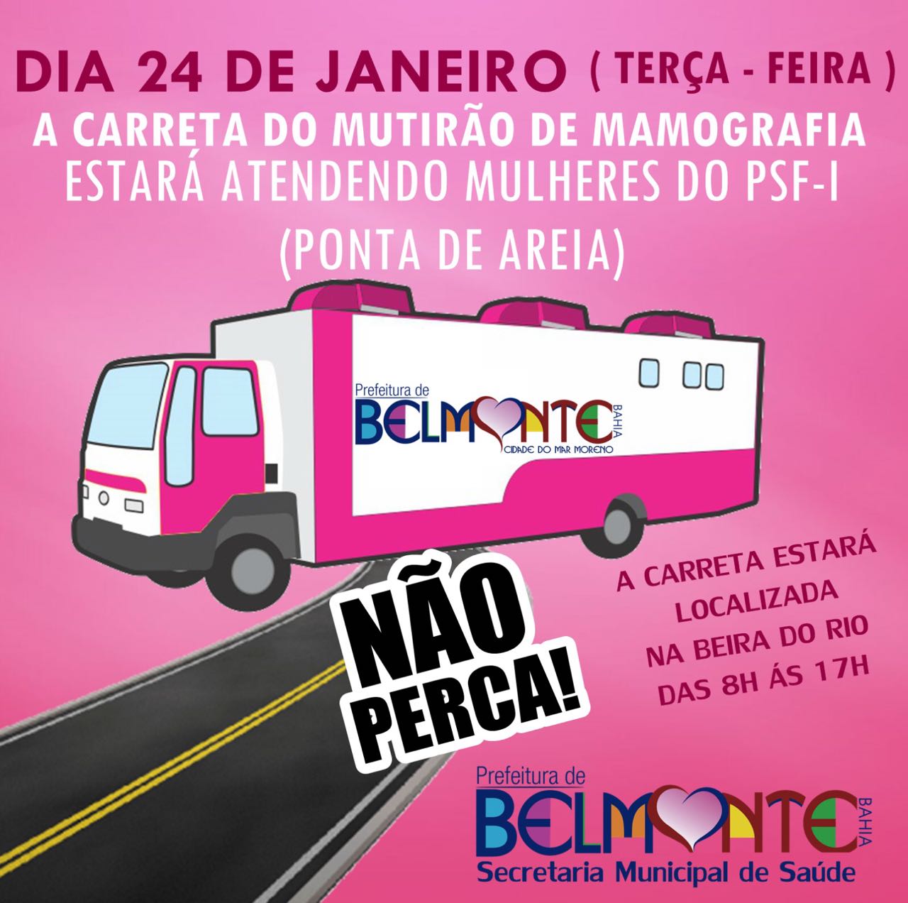 Prefeitura de Belmonte convida a população para participar do Mutirão de Mamografia.