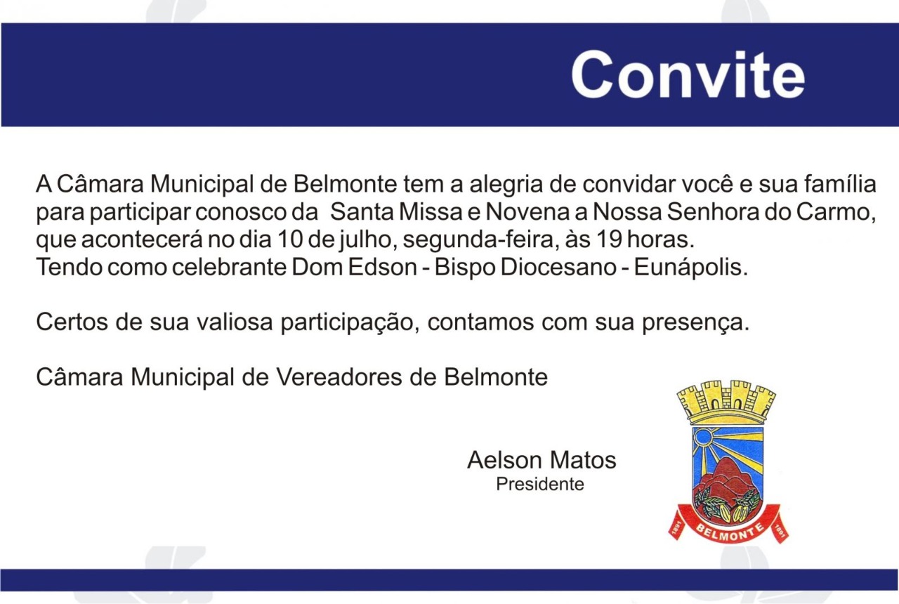 Câmara de Vereadores convida comunidade para a novena de N. S. do Carmo.