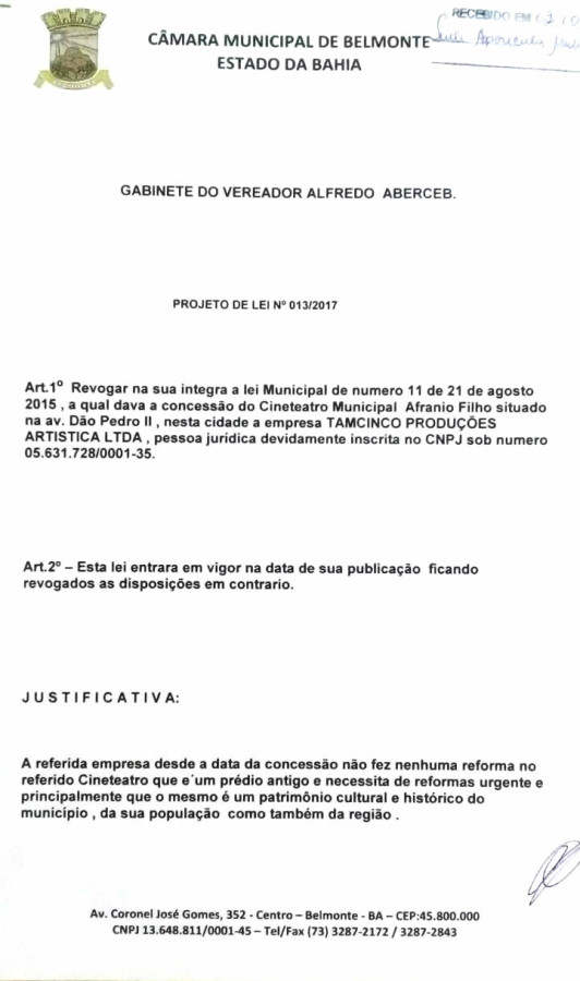 Projeto de Lei de Autoria do Vereador Alfredo Aberceb.