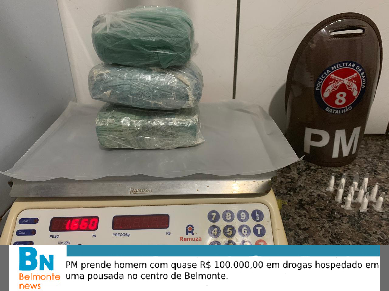 PM prende homem com carga de droga avaliada em quase R$ 100 Mil Reais no centro de Belmonte.